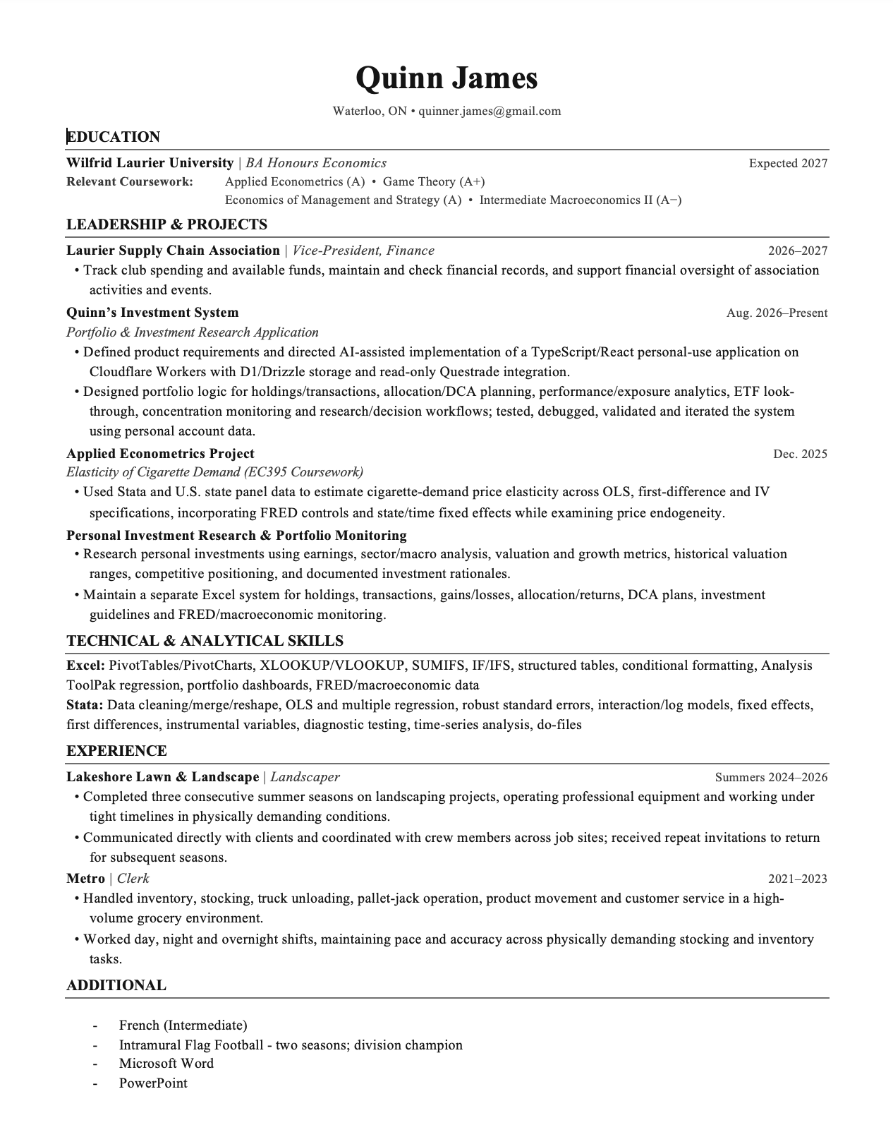 Quinn James’s Finance & Economics Resume